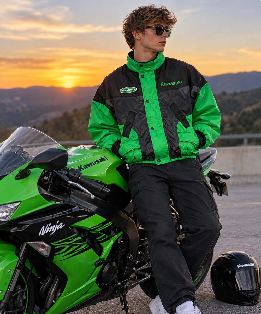 Kawasaki Team Green Racing Jacket Sz S Vintage Y2K Biker